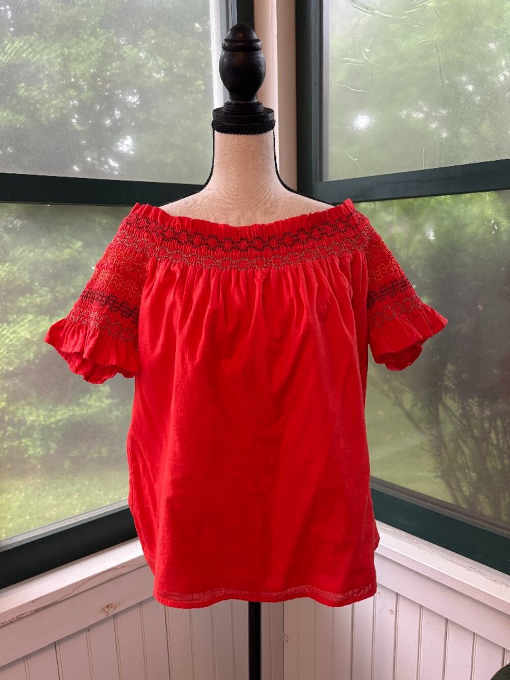 Trina Turk Red Smocked Embroidered Off-Shoulder Top L